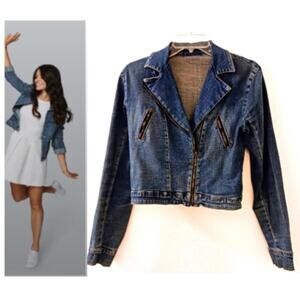 Y2K Rampage JEAN JACKET Sz Small Denim Moto Fade Cropped Zippered Preppy Vintage